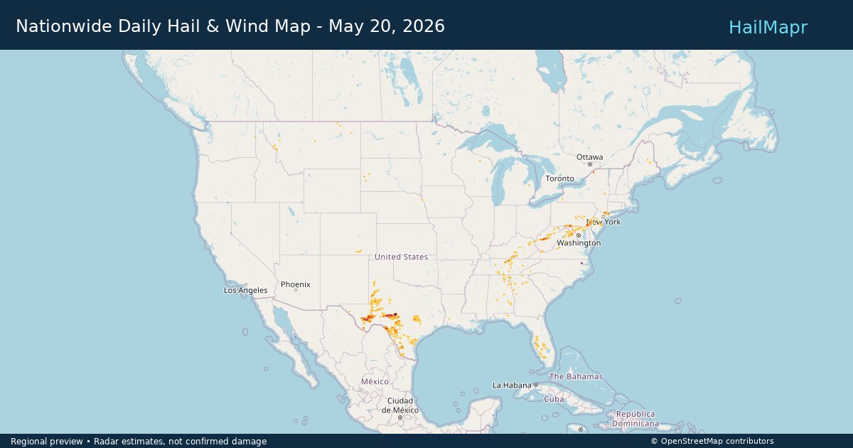 Nationwide Daily Hail & Wind Map - May 20, 2026 — regional heatmap and storm polygons