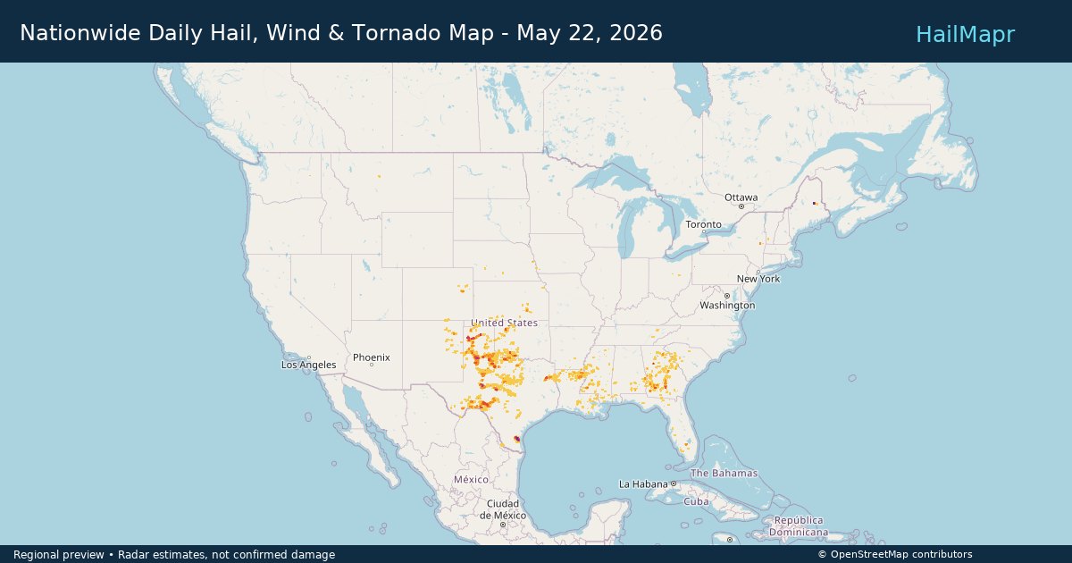 Nationwide Daily Hail, Wind & Tornado Map - May 22, 2026 — regional heatmap and storm polygons