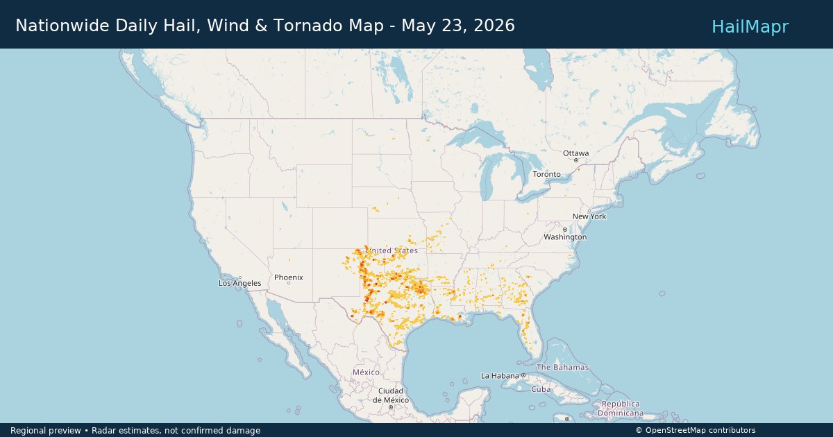 Nationwide Daily Hail, Wind & Tornado Map - May 23, 2026 — regional heatmap and storm polygons