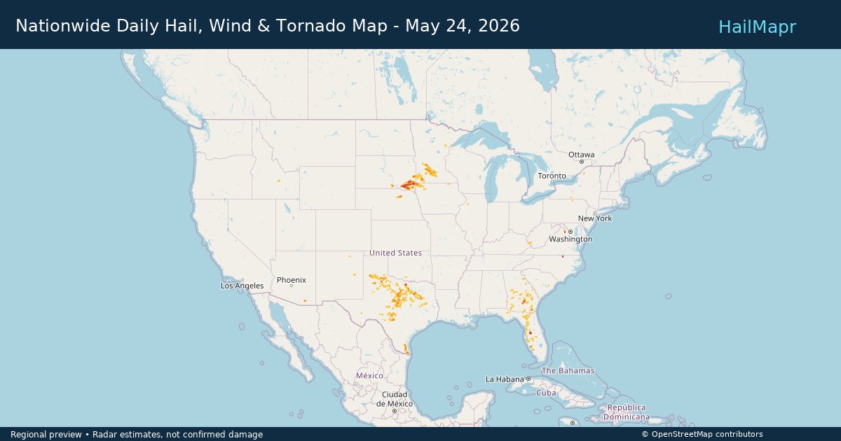 Nationwide Daily Hail, Wind & Tornado Map - May 24, 2026 — regional heatmap and storm polygons