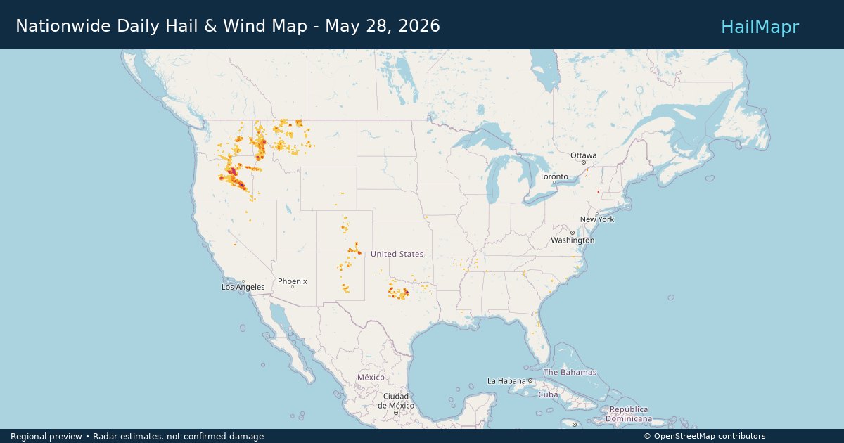 Nationwide Daily Hail & Wind Map - May 28, 2026 — regional heatmap and storm polygons