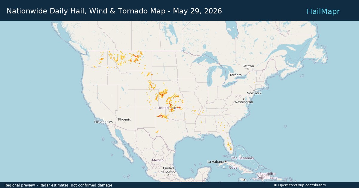 Nationwide Daily Hail, Wind & Tornado Map - May 29, 2026 — regional heatmap and storm polygons