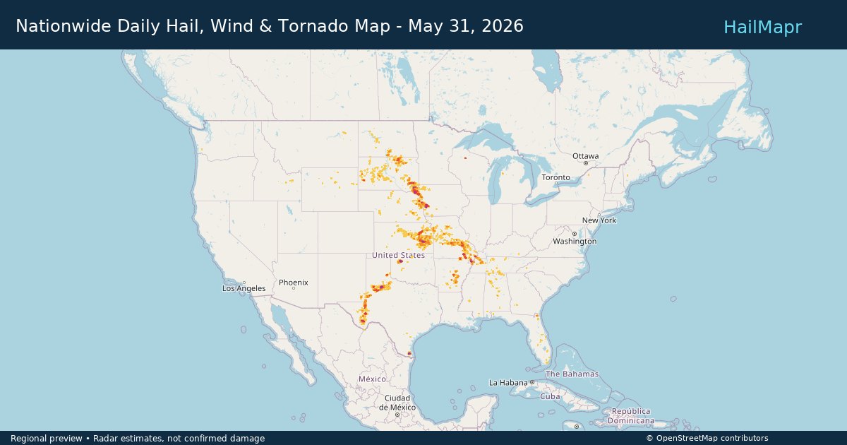 Nationwide Daily Hail, Wind & Tornado Map - May 31, 2026 — regional heatmap and storm polygons
