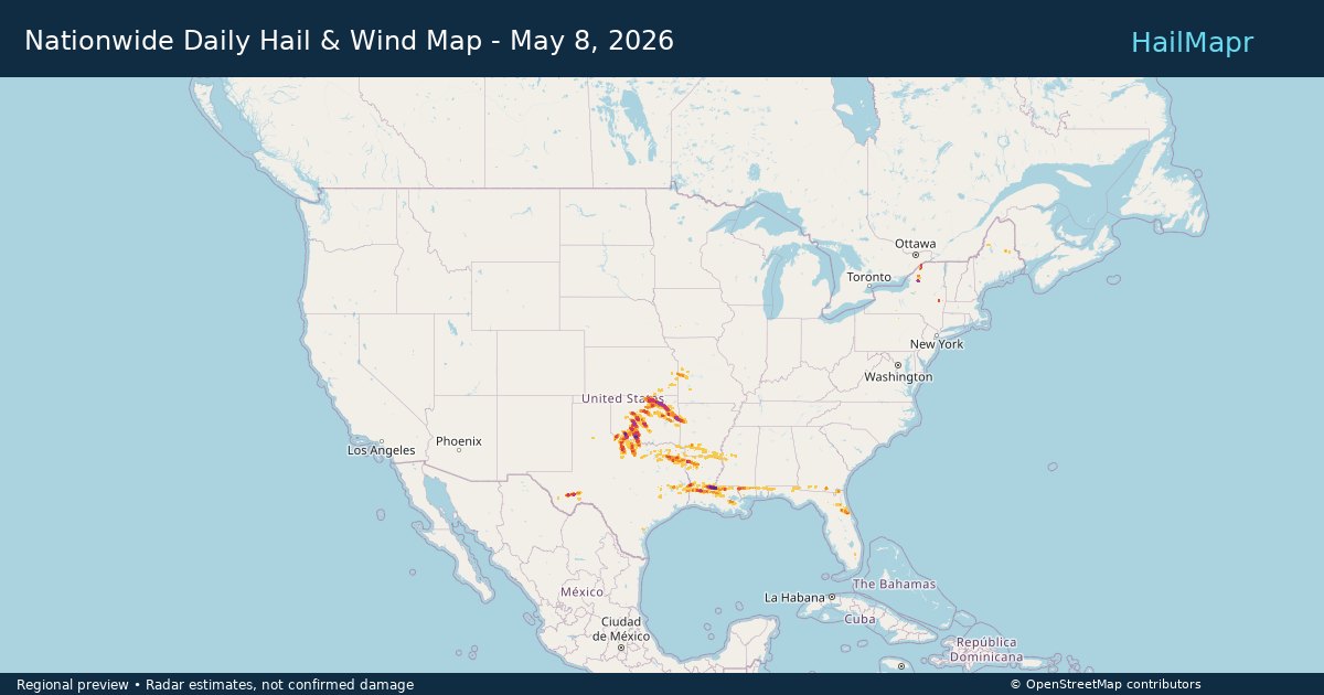 Nationwide Daily Hail & Wind Map - May 8, 2026 — regional heatmap and storm polygons