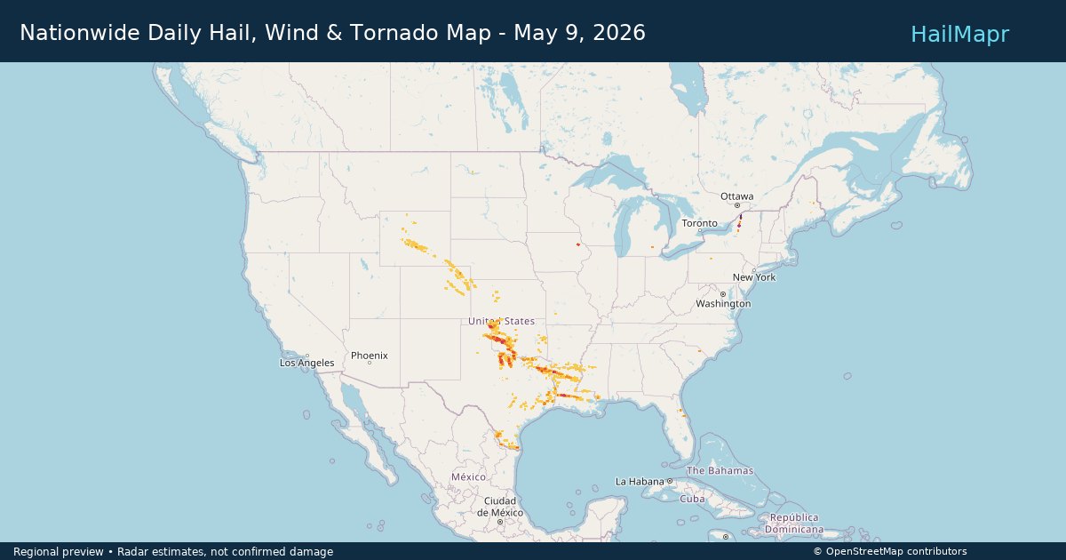 Nationwide Daily Hail, Wind & Tornado Map - May 9, 2026 — regional heatmap and storm polygons