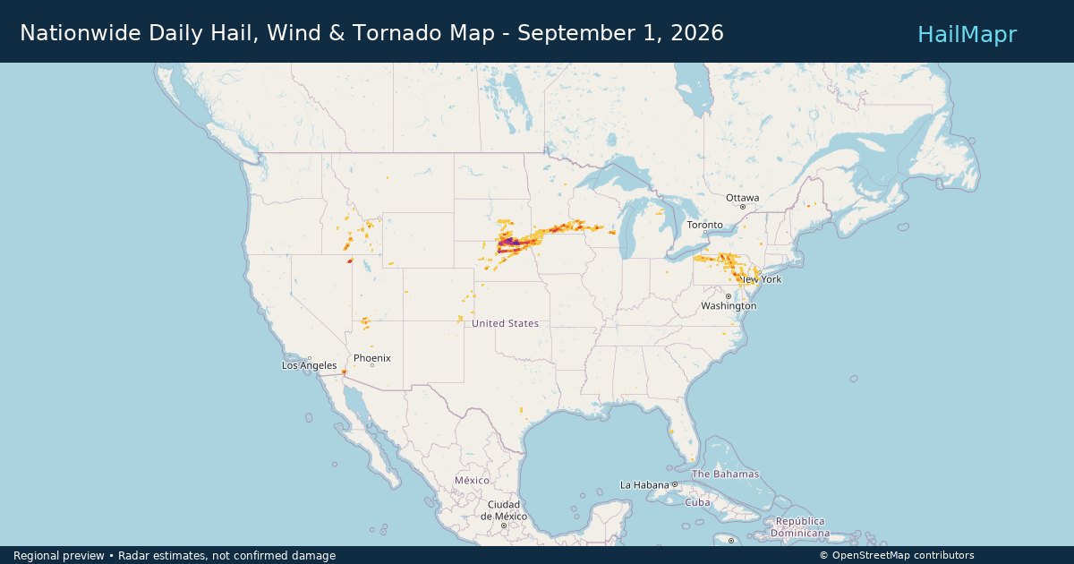 Nationwide Daily Hail, Wind & Tornado Map - September 1, 2026 — regional heatmap and storm polygons