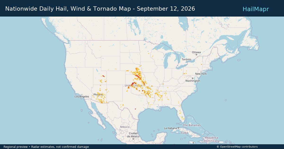 Nationwide Daily Hail, Wind & Tornado Map - September 12, 2026 — regional heatmap and storm polygons