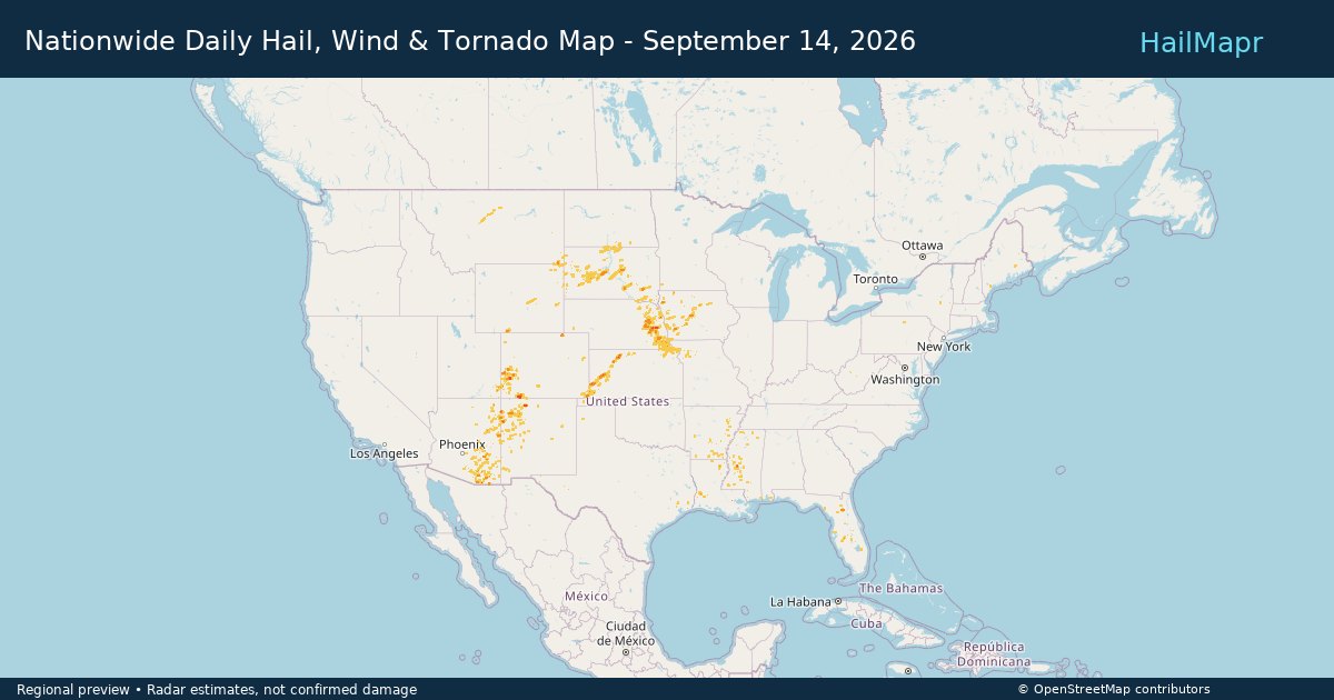 Nationwide Daily Hail, Wind & Tornado Map - September 14, 2026 — regional heatmap and storm polygons