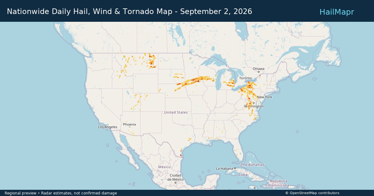 Nationwide Daily Hail, Wind & Tornado Map - September 2, 2026 — regional heatmap and storm polygons