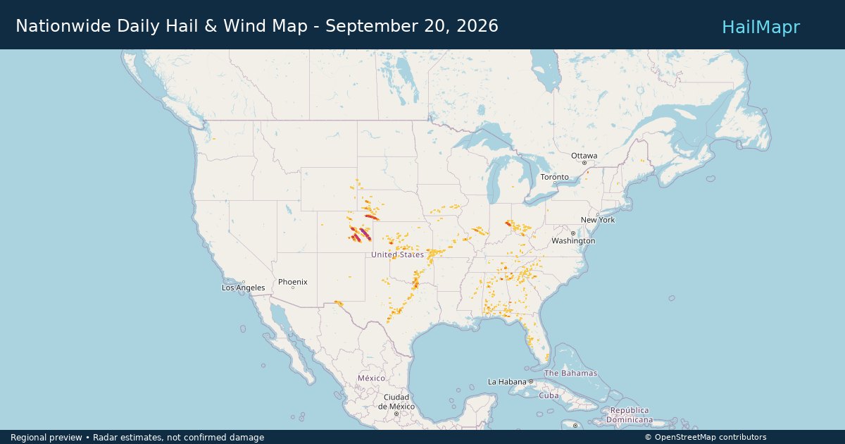 Nationwide Daily Hail & Wind Map - September 20, 2026 — regional heatmap and storm polygons