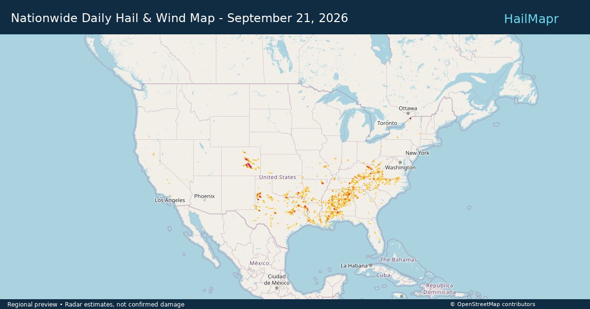 Nationwide Daily Hail & Wind Map - September 21, 2026 — regional heatmap and storm polygons