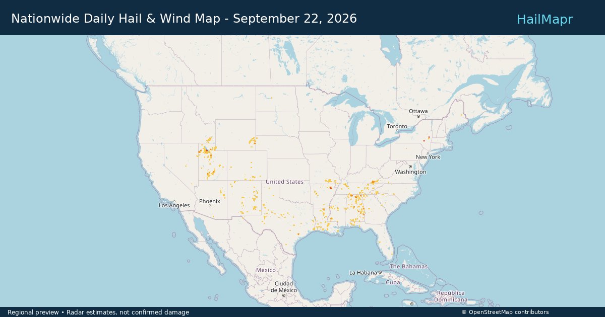 Nationwide Daily Hail & Wind Map - September 22, 2026 — regional heatmap and storm polygons