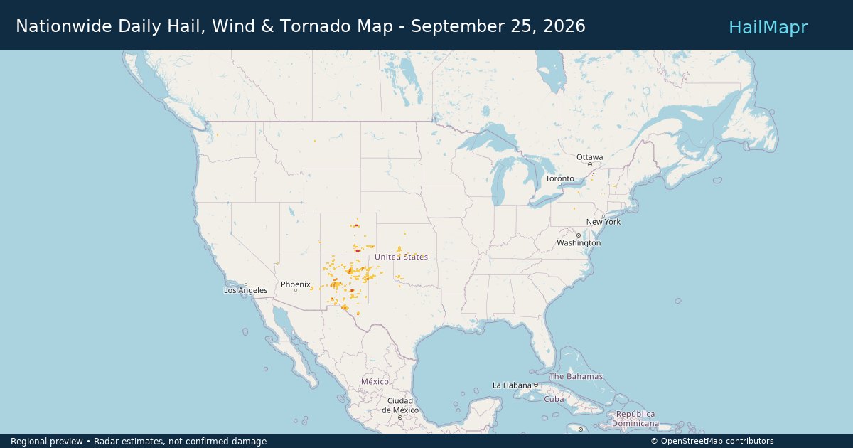 Nationwide Daily Hail, Wind & Tornado Map - September 25, 2026 — regional heatmap and storm polygons