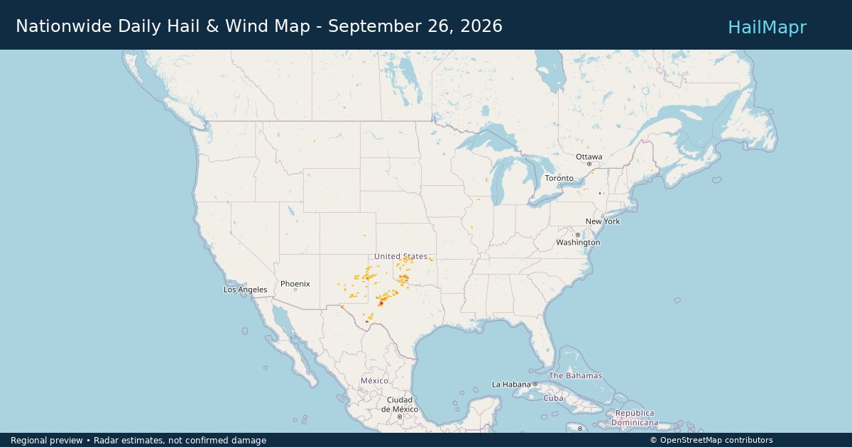 Nationwide Daily Hail & Wind Map - September 26, 2026 — regional heatmap and storm polygons