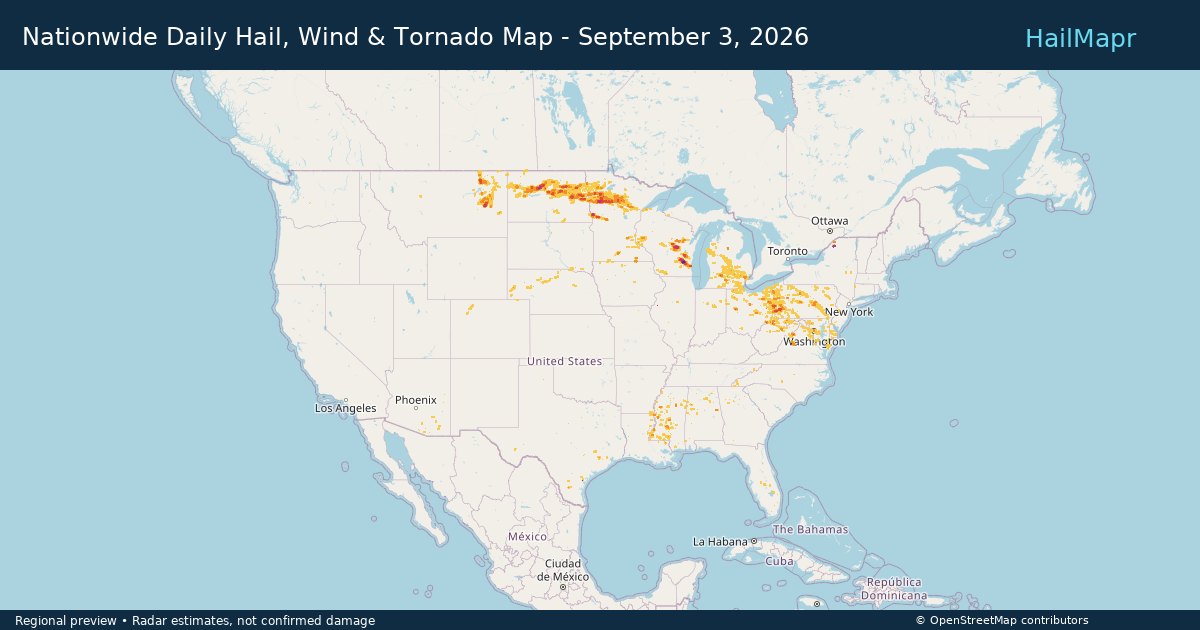 Nationwide Daily Hail, Wind & Tornado Map - September 3, 2026 — regional heatmap and storm polygons