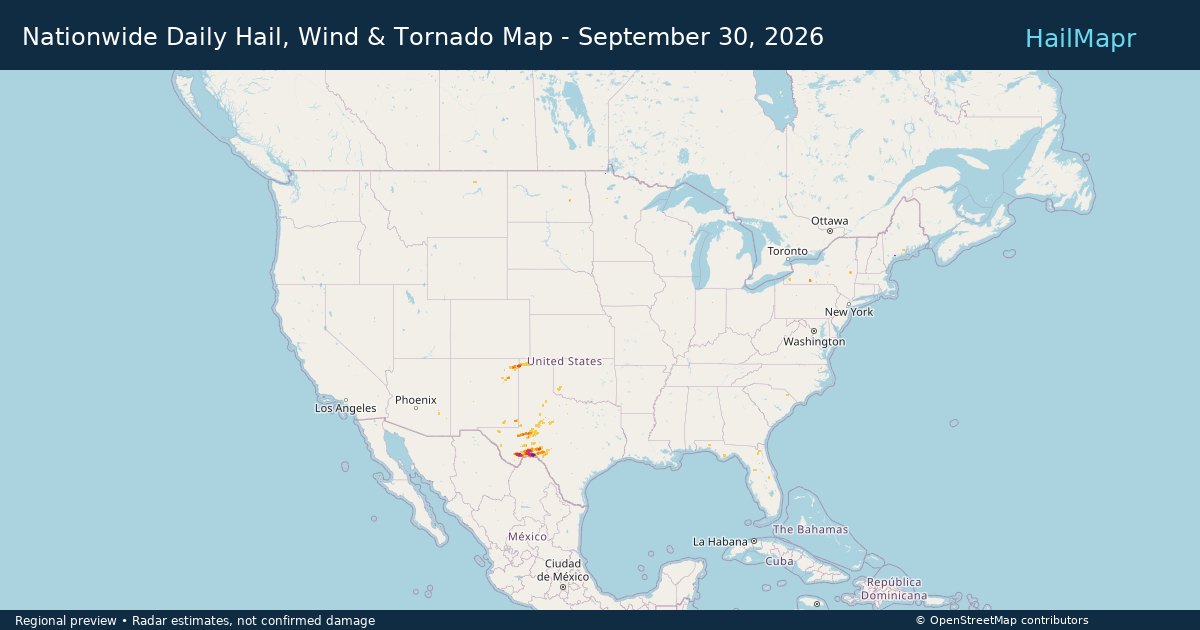 Nationwide Daily Hail, Wind & Tornado Map - September 30, 2026 — regional heatmap and storm polygons