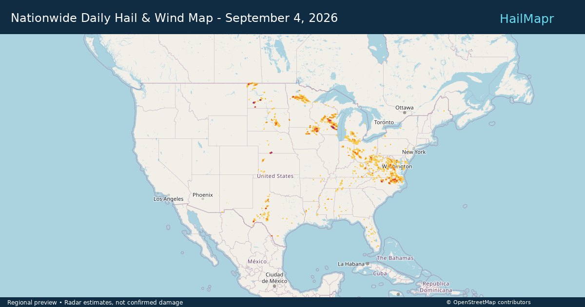 Nationwide Daily Hail & Wind Map - September 4, 2026 — regional heatmap and storm polygons