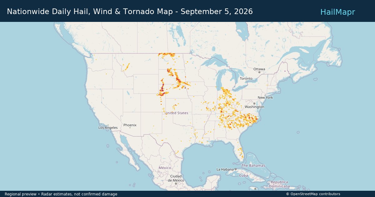Nationwide Daily Hail, Wind & Tornado Map - September 5, 2026 — regional heatmap and storm polygons