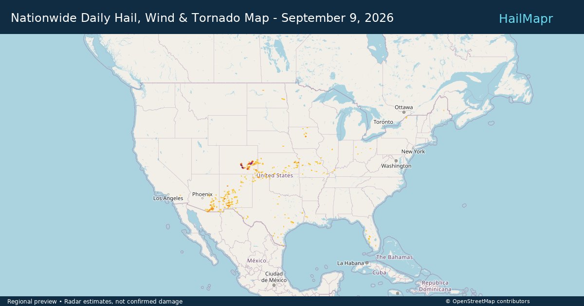 Nationwide Daily Hail, Wind & Tornado Map - September 9, 2026 — regional heatmap and storm polygons