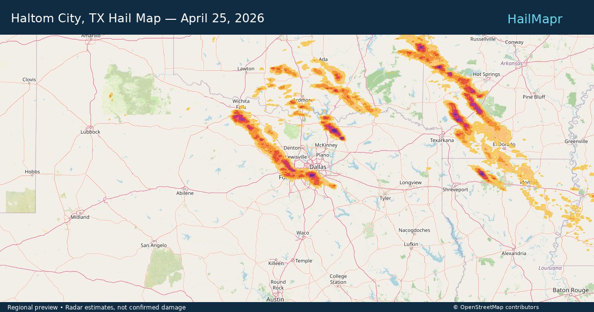 Haltom City, TX Hail Map — April 25, 2026 — regional heatmap and storm polygons