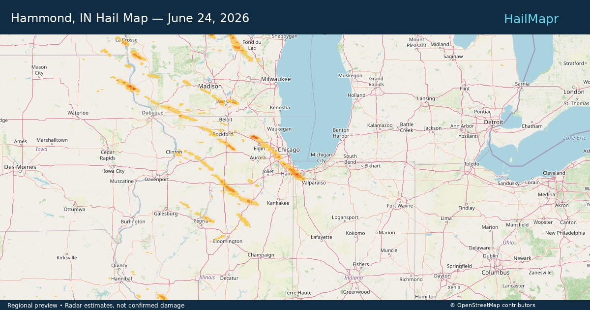 Hammond, IN Hail Map — June 24, 2026 — regional heatmap and storm polygons