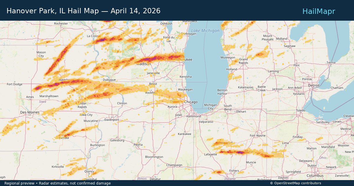 Hanover Park, IL Hail Map — April 14, 2026 — regional heatmap and storm polygons