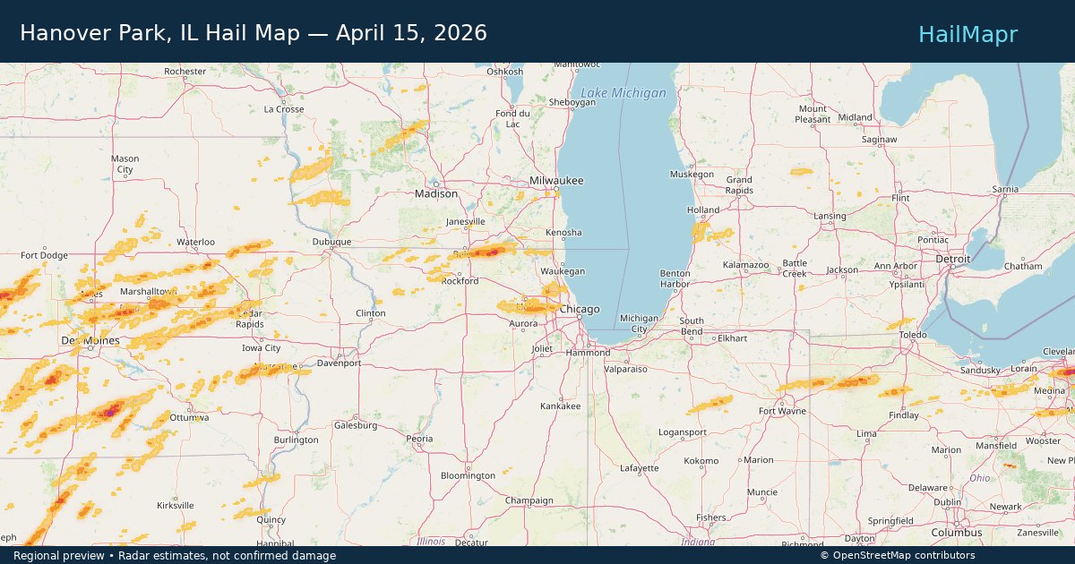 Hanover Park, IL — April 15, 2026 — regional hail footprint preview