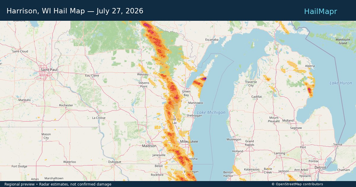 Harrison, WI Hail Map — July 27, 2026 — regional heatmap and storm polygons