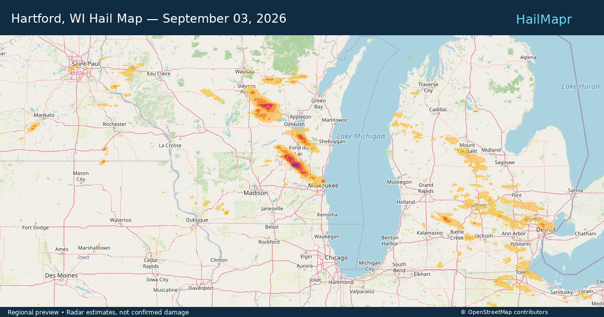 Hartford, WI Hail Map — September 03, 2026 — regional heatmap and storm polygons