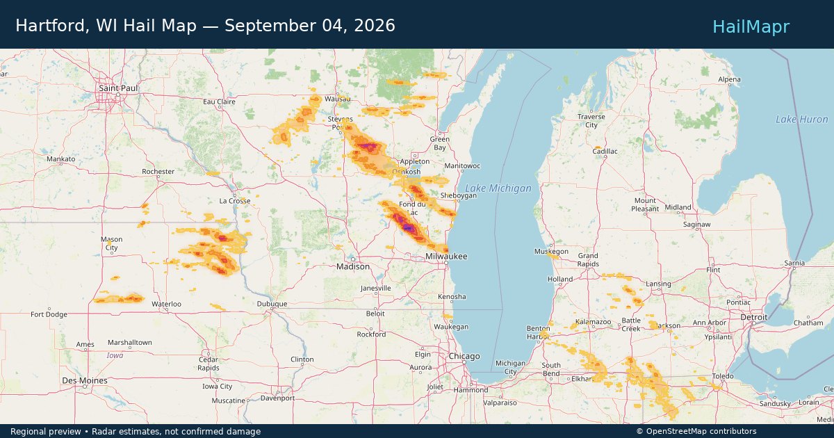 Hartford, WI Hail Map — September 04, 2026 — regional heatmap and storm polygons