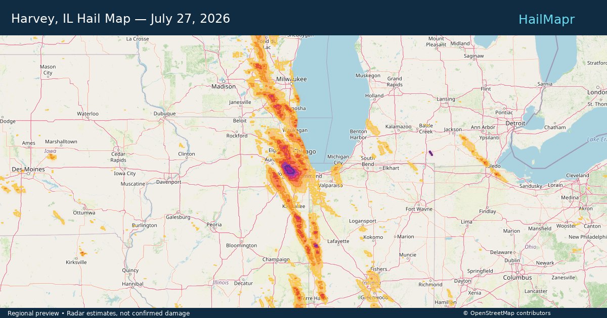 Harvey, IL Hail Map — July 27, 2026 — regional heatmap and storm polygons
