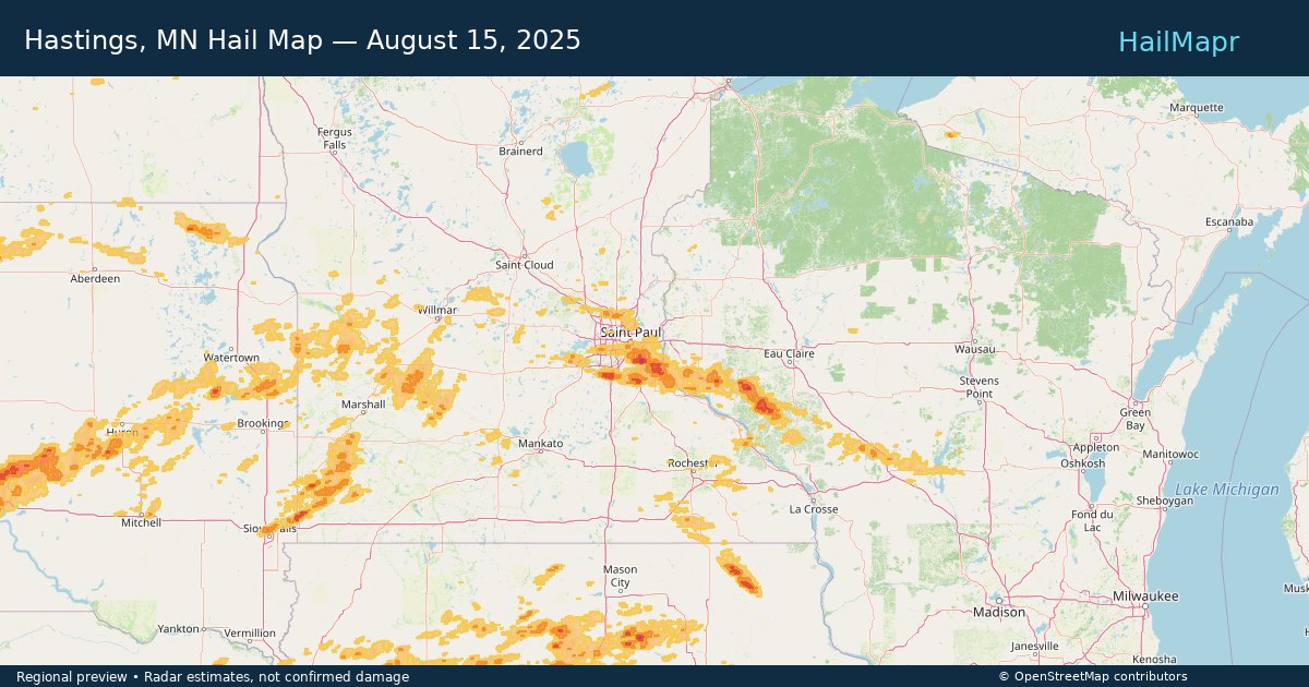 Hastings, MN Hail Map — August 15, 2025 — regional heatmap and storm polygons