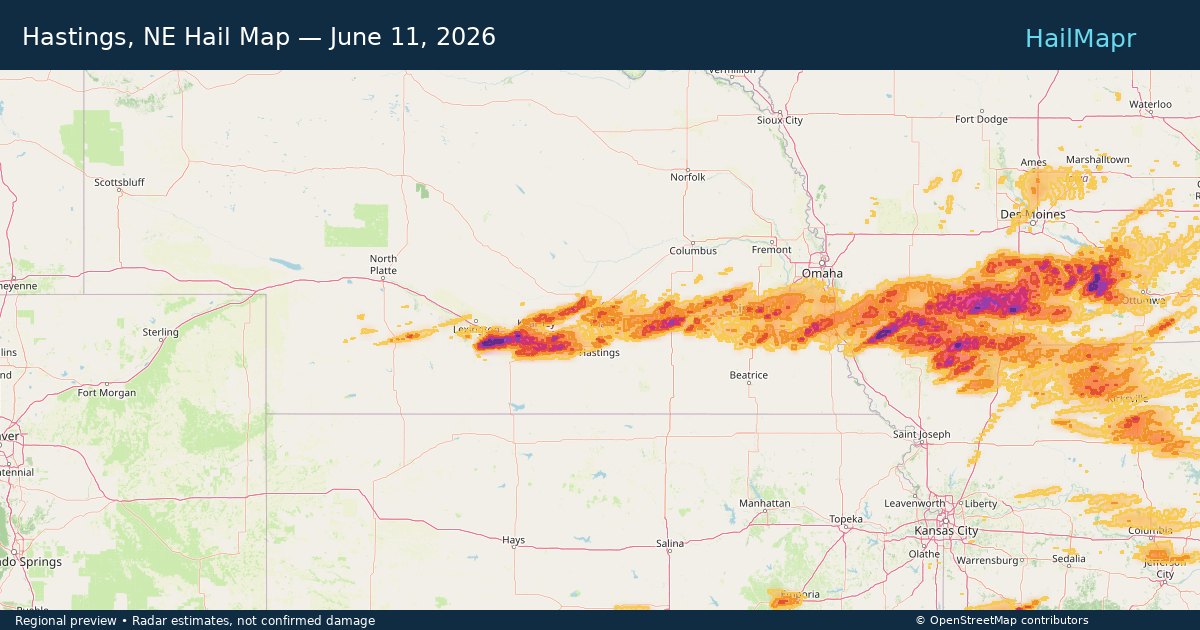 Hastings, NE Hail Map — June 11, 2026 — regional heatmap and storm polygons