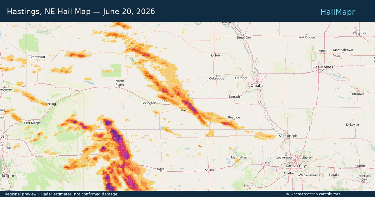 Hastings, NE Hail Map — June 20, 2026 — regional heatmap and storm polygons