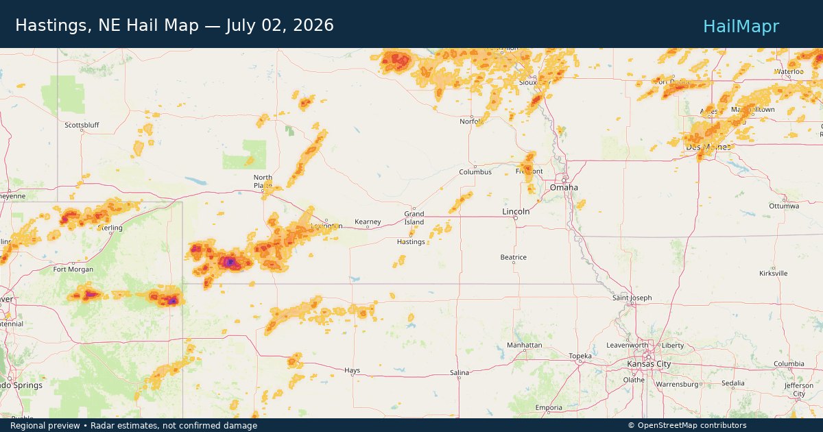 Hastings, NE Hail Map — July 02, 2026 — regional heatmap and storm polygons