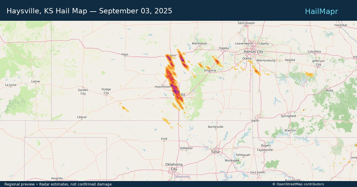 Haysville, KS Hail Map — September 03, 2025 — regional heatmap and storm polygons