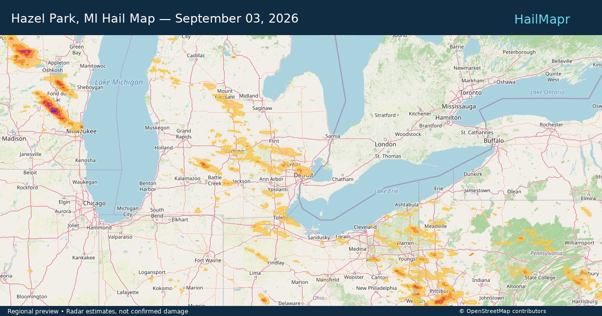 Hazel Park, MI Hail Map — September 03, 2026 — regional heatmap and storm polygons