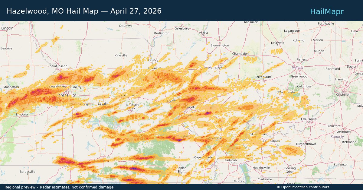 Hazelwood, MO Hail Map — April 27, 2026 — regional heatmap and storm polygons