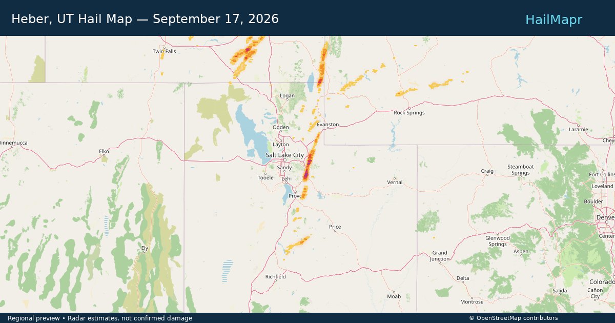 Heber, UT Hail Map — September 17, 2026 — regional heatmap and storm polygons