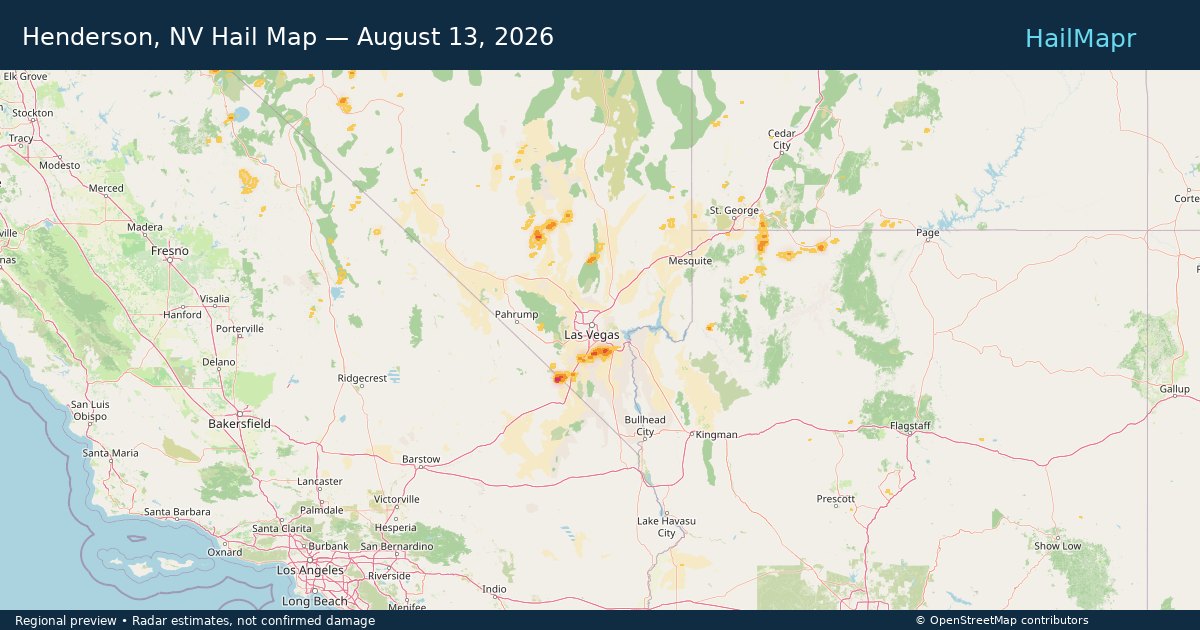 Henderson, NV Hail Map — August 13, 2026 — regional heatmap and storm polygons