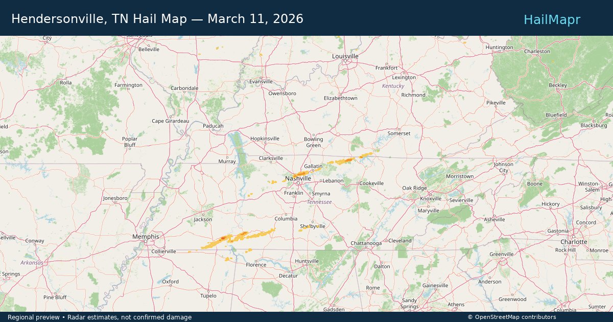 Hendersonville, TN Hail Map — March 11, 2026 — regional heatmap and storm polygons