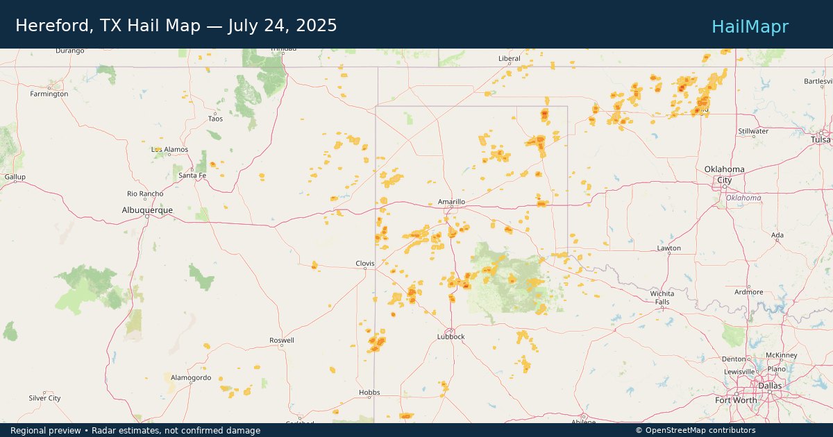 Hereford, TX — July 24, 2025 — regional hail footprint preview