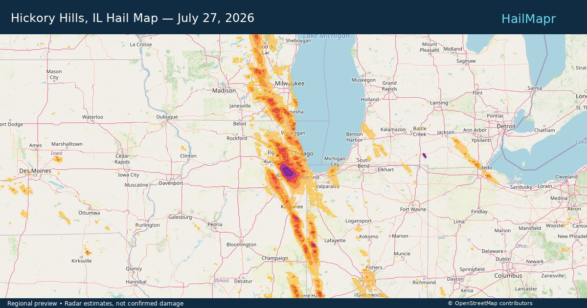 Hickory Hills, IL Hail Map — July 27, 2026 — regional heatmap and storm polygons