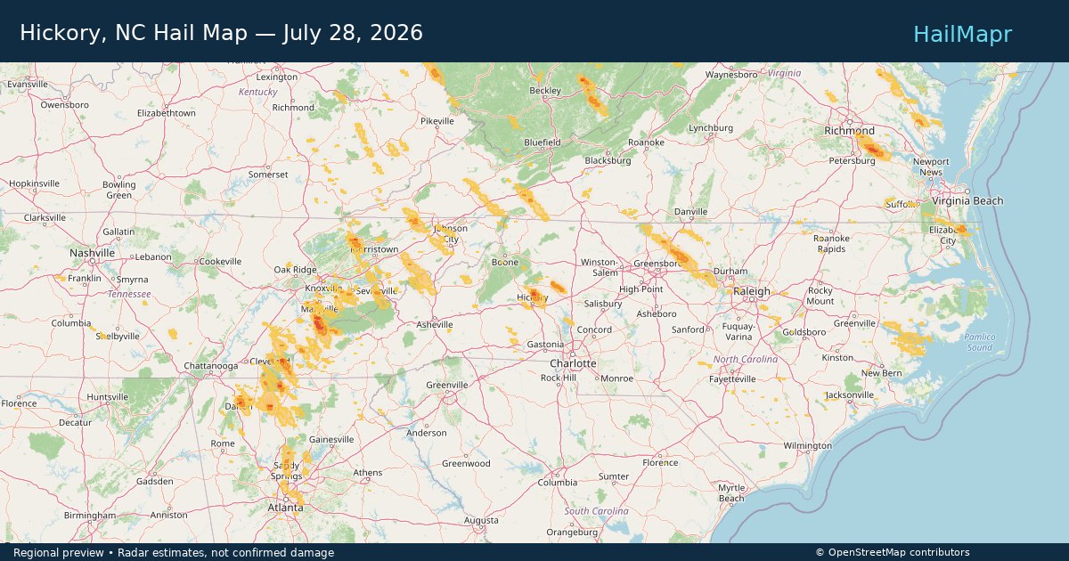 Hickory, NC Hail Map — July 28, 2026 — regional heatmap and storm polygons