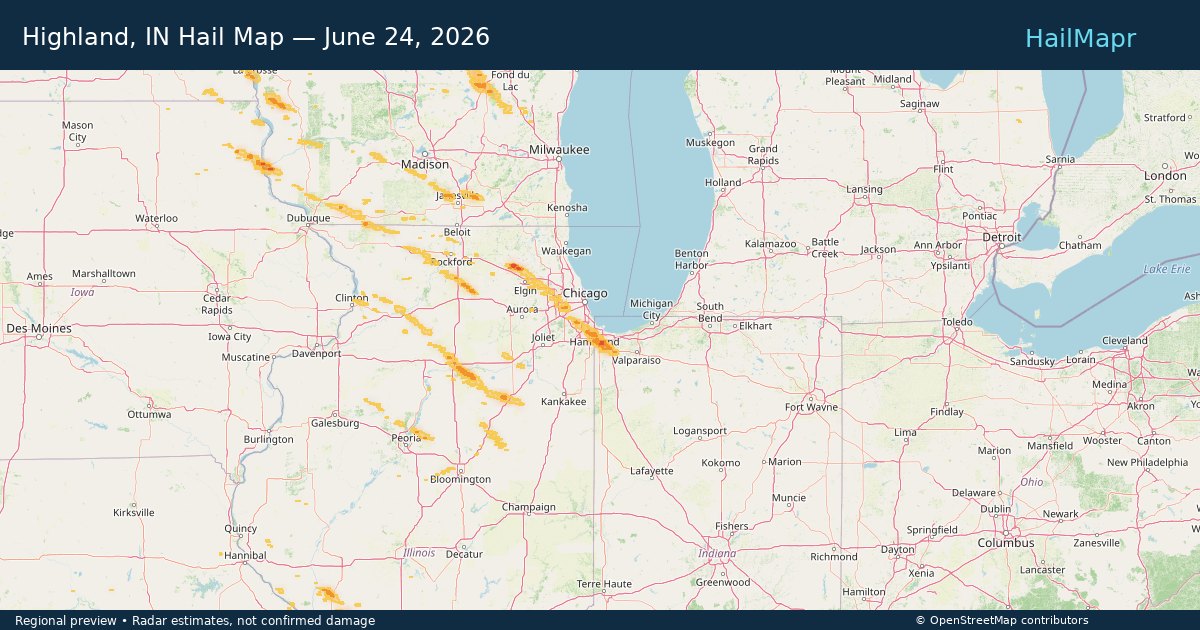 Highland, IN — June 24, 2026 — regional hail footprint preview