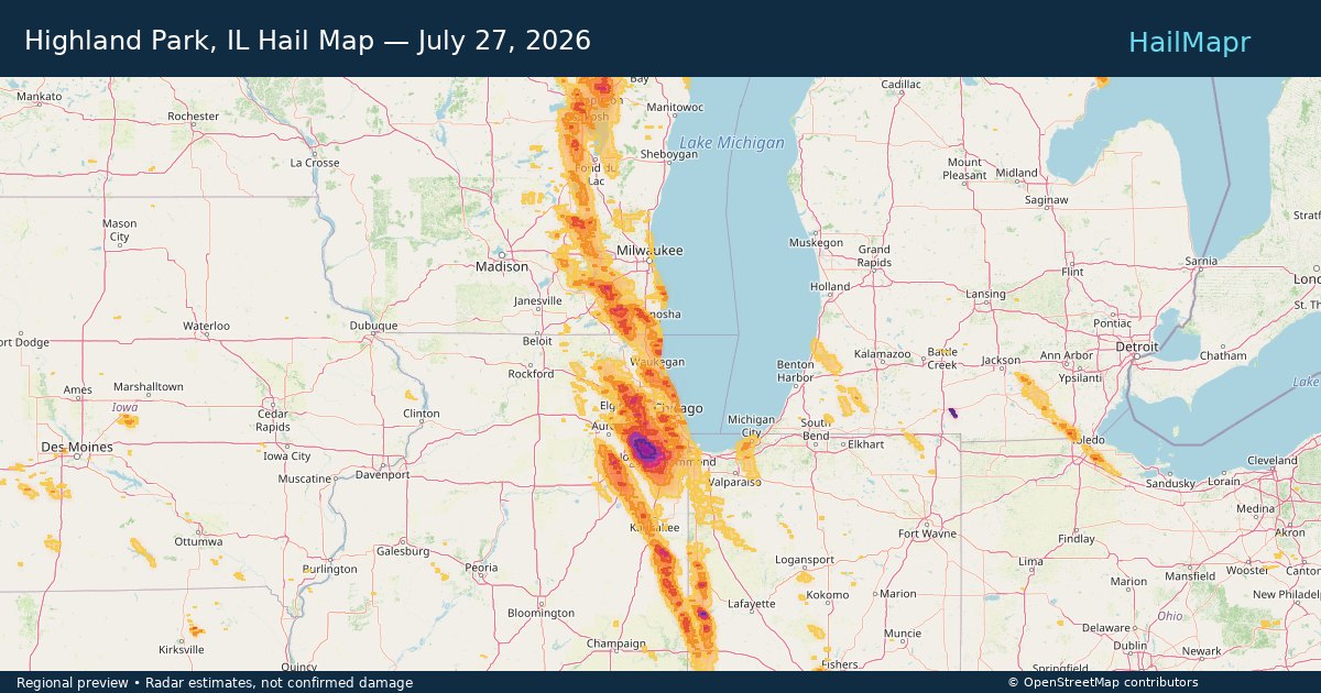 Highland Park, IL Hail Map — July 27, 2026 — regional heatmap and storm polygons