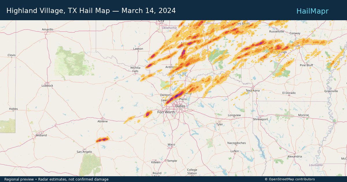 Highland Village, TX Hail Map — March 14, 2024 — regional heatmap and storm polygons