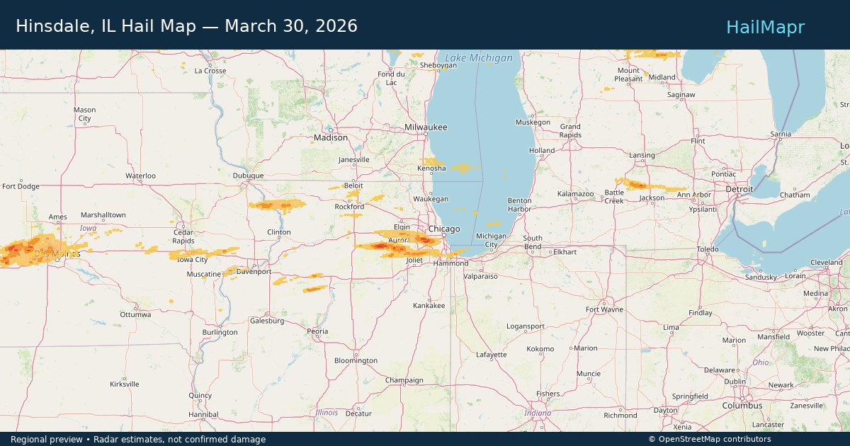 Hinsdale, IL Hail Map — March 30, 2026 — regional heatmap and storm polygons
