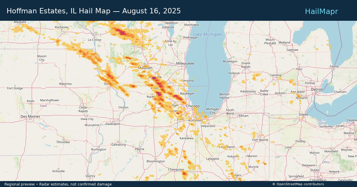 Hoffman Estates, IL Hail Map — August 16, 2025 — regional heatmap and storm polygons