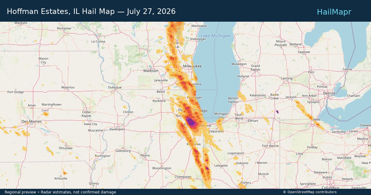 Hoffman Estates, IL Hail Map — July 27, 2026 — regional heatmap and storm polygons